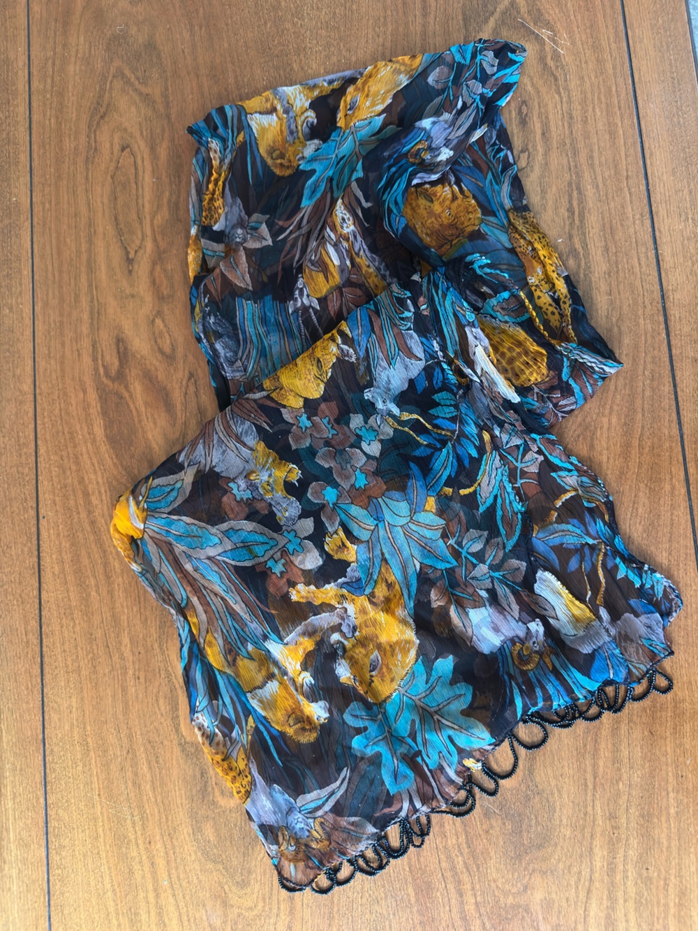 Safari Animal Print Scarf Black Teal Gold Beaded 56x10 lions tigers jungle
